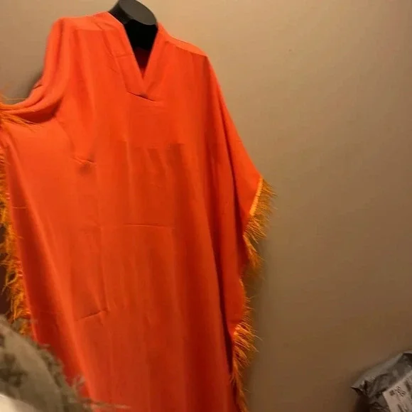 Vintage 1970’s Couture style Fashion Satin Osteich  Feather Trim Kaftan - Picture 11 of 15